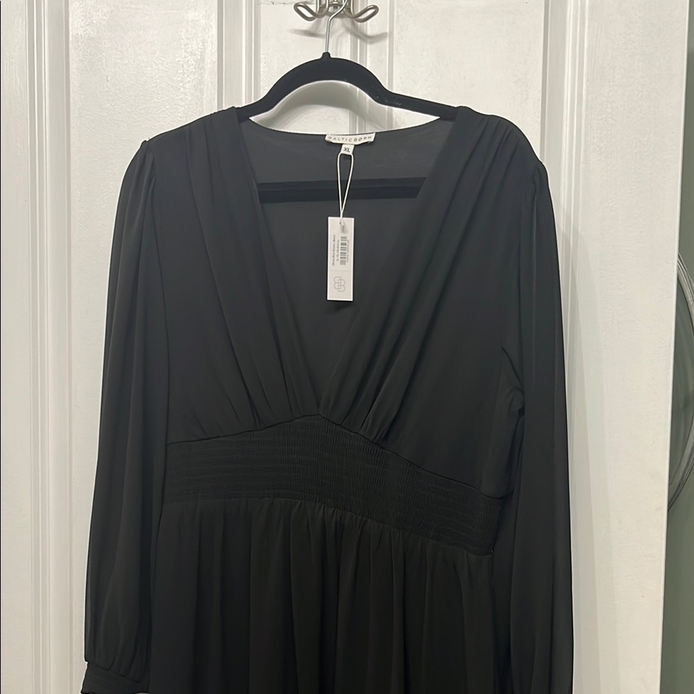 Baltic Born Black Ruched Wrap Dress with Bishop Sleeves